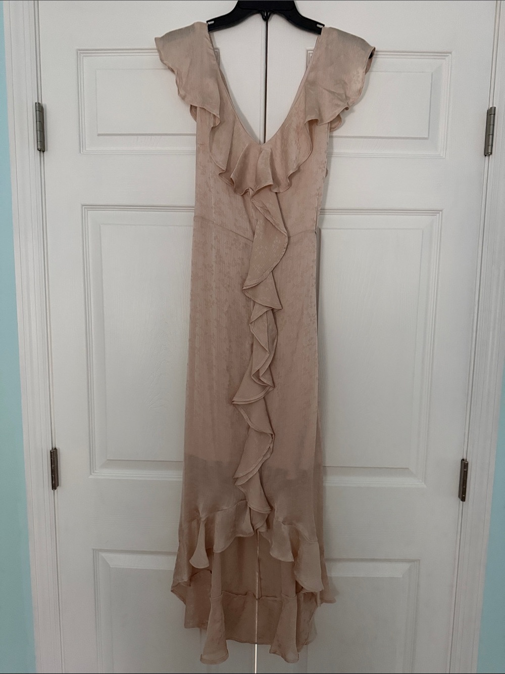 DKNY Elegant Ruffle V-Neck Maxi Dress in Blush